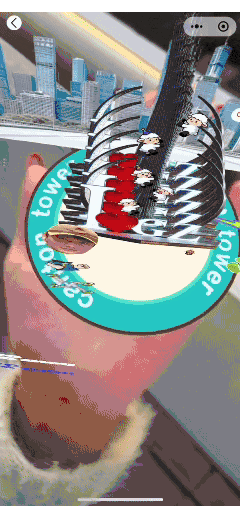 Dynamic display of the Canton Tower process: Visitor photo → AI-generated light-shadow fusion and dynamic effects → Printed phone case → Phone scan triggers AR building animation.