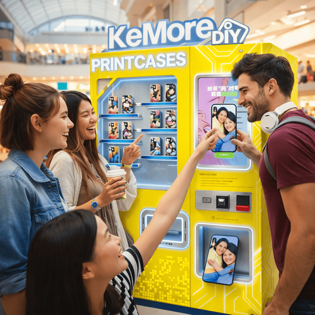 Kemore self-printing terminal in a mall with customers experiencing personalized products